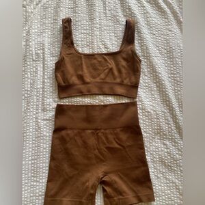 Brown Ribbed Sports Bra and Shorts Set